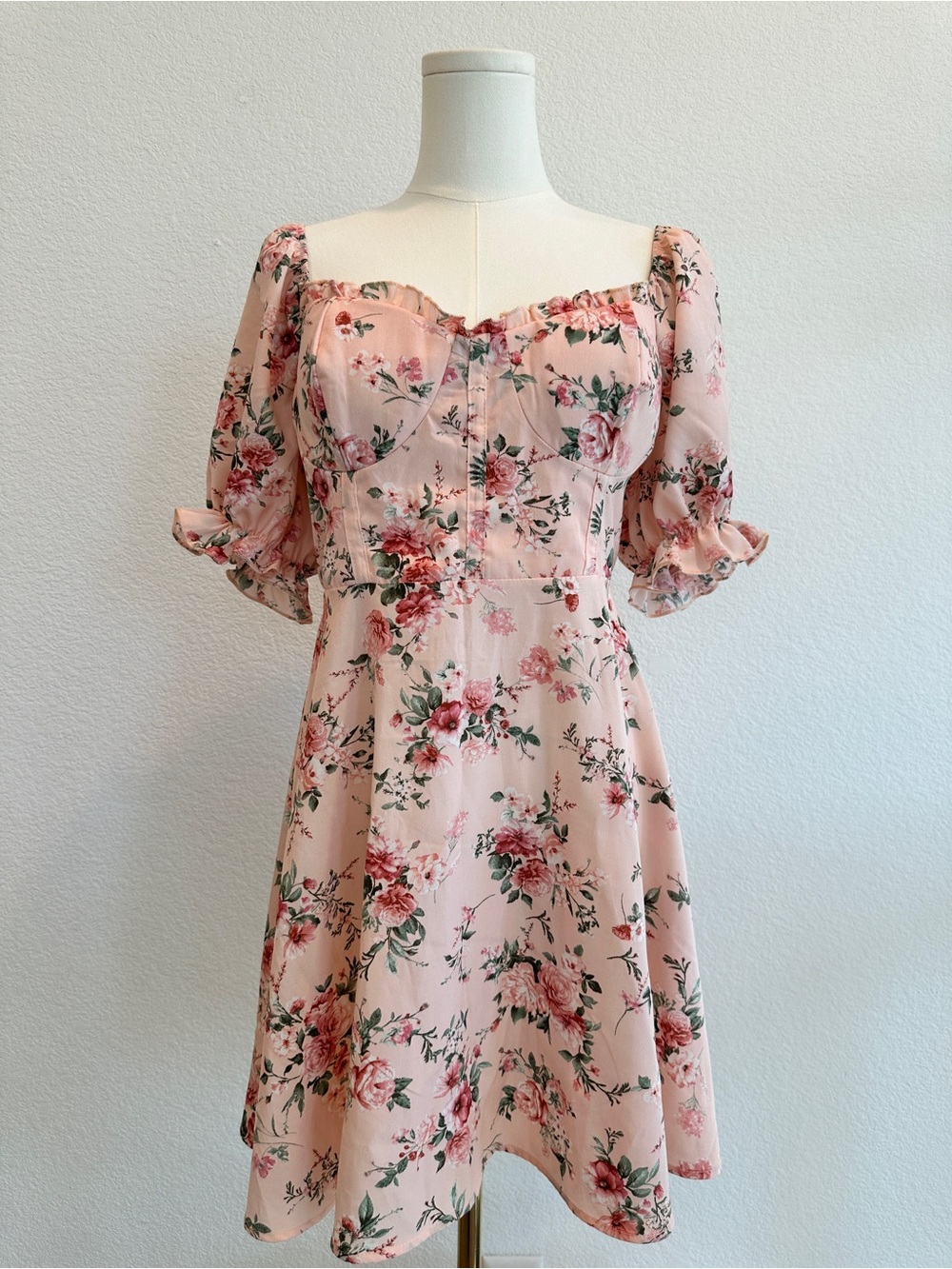 Inspired Hearts Floral Mini Dress Large Cottagecore Puff Sleeve Sweetheart Pink